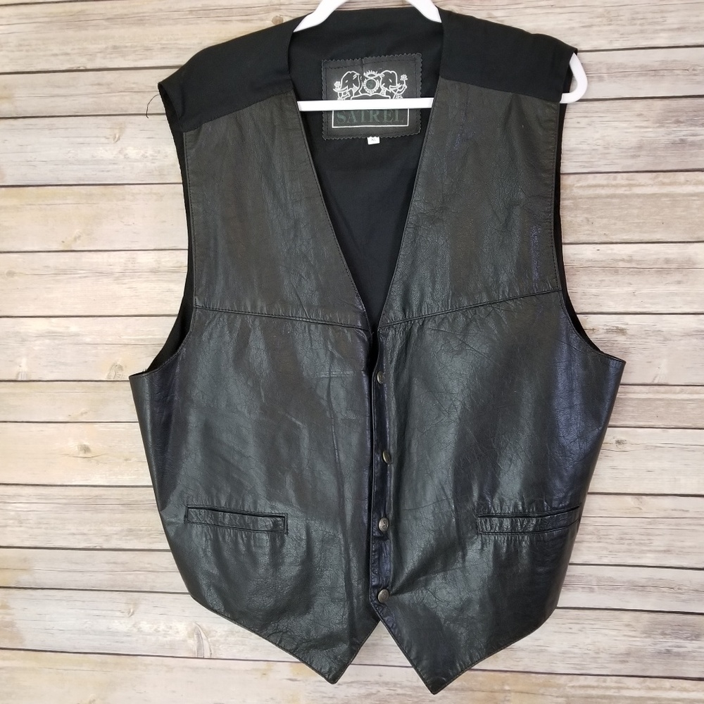 SATREL Black Leather & Fabric Vest Sz L